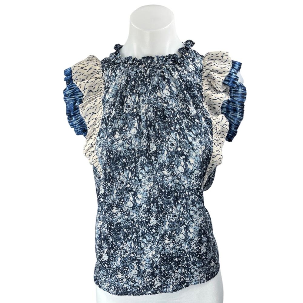 House Of Harlow 1960 Haru Blue Printed Ruffle Flutter Sleeve Blouse Top Size S